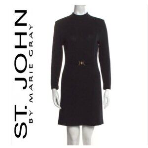 St. John Black Wool Knit Dress Gold Belt Accent Size 6